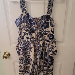 Farm Rio Blue & Cream Printed Romper with Waist Tie Size L
